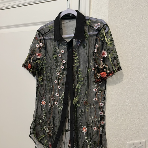 MANFINITY Black Sheer Top with Floral Embroidery - Picture 2 of 8